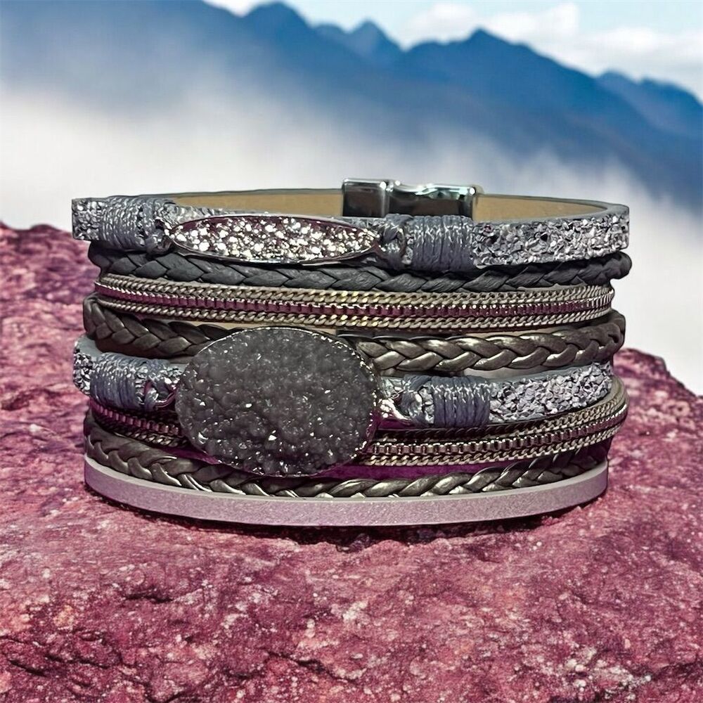Gray Multi-Strand Leather Wrap Bracelet with Magnetic Clasp